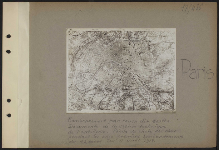 Paris. Bombardement par canon dit Bertha. Document de la section technique de l'artillerie. Points de chute des obus pendant les onze premiers bombardements, du 23 mars au 11 avril 1918