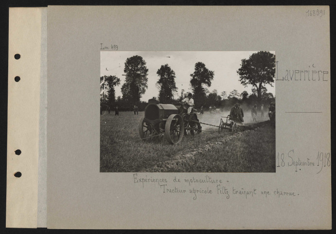 Laverrière. Expériences de motoculture : tracteur agricole Filtz traînant une charrue