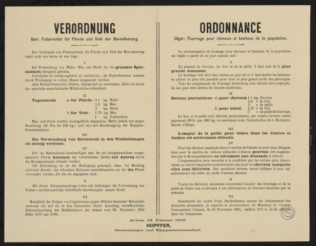 Verordnung betr. Futtermittel für Pferde und Vieh der Bevoelkerung = Ordonnance. Objet : fourrage pour chevaux et bestiaux de la population