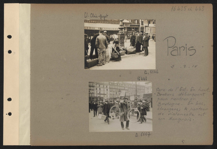 Paris. Gare de l'Est. En haut, bretons débarquant pour rentrer en Bretagne. En bas, étrangers ; le porteur de violoncelle est un hongrois