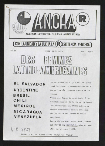 ANCHA. Agencia noticiosa chilena antifascista - édition en français - 1982