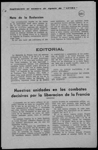 Lucha (1944 : n° 7-11). Sous-Titre : portavoz de la Agrupación de guerrilleros "Reconquista de España" al servicio de la Junta suprema de U.N.