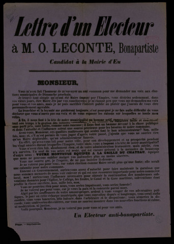 Lettre d'un électeur à M. O. Leconte Candidat à la Mairie d'Eu