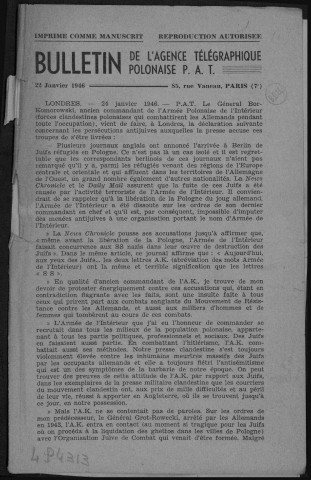 Bulletin de l'Agence Télégraphique Polonaise (P. A. T.) (1946 : n° 1-30)  Autre titre : Suite de : Agence Télégraphique Polonaise P. A. T. Devient en octobre 1946: Bulletin de Pologne