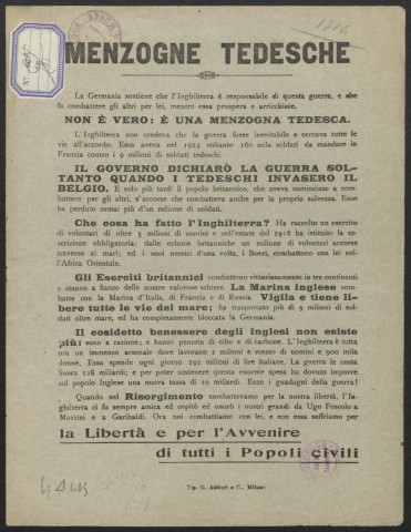 Guerre mondiale 1914-1918. Italie.Tracts de propagande patriotique. Alliés
