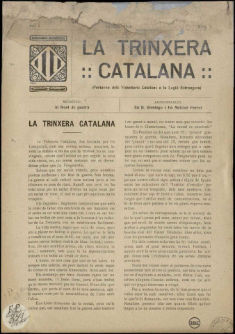 La trinxera catalana (1918-1919 : n°s 2-4; 7), Sous-Titre : Portaveau dels Voluntaris Catalans a la Legio Estrangera