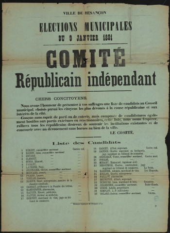 Élections Municipale du 9 Janvier 1881 : Comité Républicain indépendant Liste des Candidats