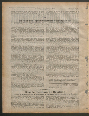 Mars 1930 - La Fédération balkanique