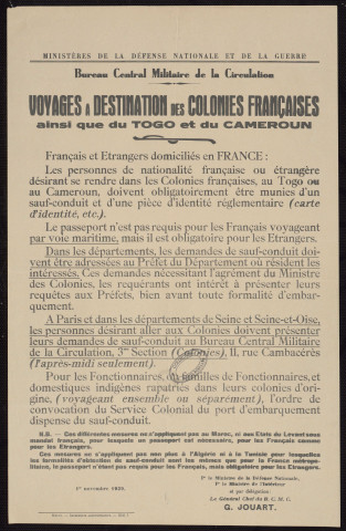 Voyage à destination des colonies françaises ainsi que du Togo et du Cameroun