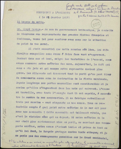 Conférence navale. 23-24 janvier 1917. Londres. Conférence interalliée. France, G.B., ItalieSous-Titre : Dossier Mantoux