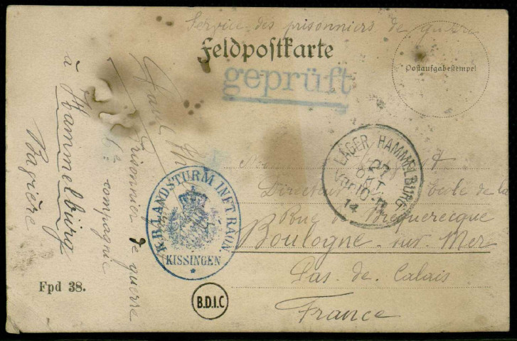 Boulogne sur Mer (62) : Lettres ou cartes de prisonniers