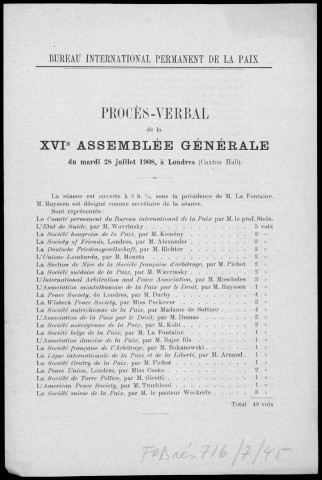 Bureau international permanent de la paix. Procès-verbal de la XVIe Assemblée générale du mardi 28 jullet 1908