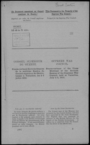 Septième session du Conseil supérieur de guerre, Versailles 2-4 juillet 1918. Sous-Titre : Conférences de la paix
