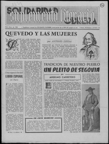 Solidaridad obrera. Suplemento literario (1955 : n° 511-545). Sous-Titre : Supplément mensuel de "Solidarité ouvrière", porte-parole de la C.N.T. d'Espagne en exil [puis] Supplément mensuel de "Solidaridad obrera", porte-parole de la C.N.T. d'Espagne en exil