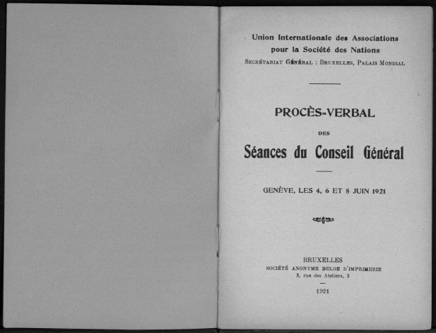 Procès-verbal des séances du Conseil général. Sous-Titre : Genève, les 4, 6 et 8 juin 1921