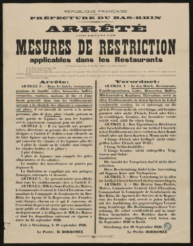 Arrêté concernant les mesures de restriction applicables dans les restaurants