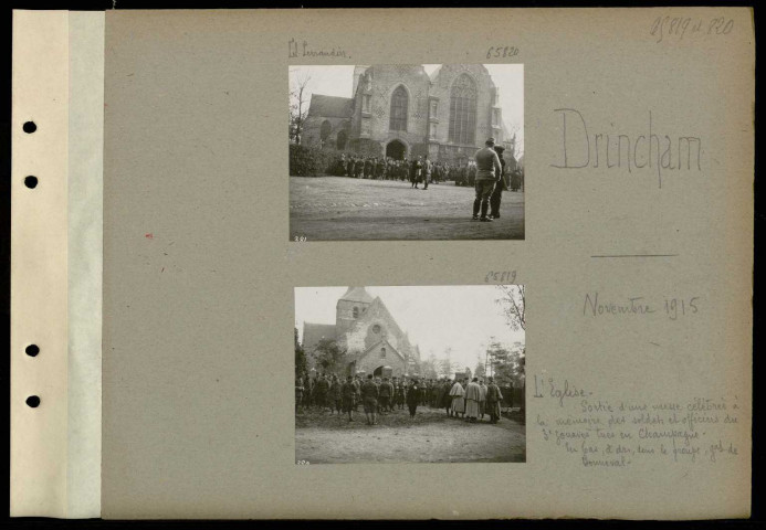 Drincham. L'église. Sortie d'une messe célébrée à la mémoire des soldats et officiers du 3e zouaves tués en Champagne. En bas, à droite, dans le groupe, général de Bonneval