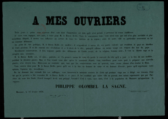 À mes ouvriers : Philippe Olombel La Sagne