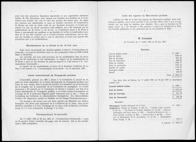 XVIe rapport du Bureau international de la paix sur sa gestion et ses comptes du 1er juillet au 31 juin 1907