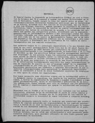 En latinoamerica : Boletin del Comite contra la represion en Latinoamerica / CCRLA, Israël, 1976-1978. Sous-Titre : Fonds Argentine