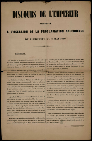 Discours de l'Empereur prononcé à l'occasion de la proclamation solennelle du plébiscite du 8 mai 1870