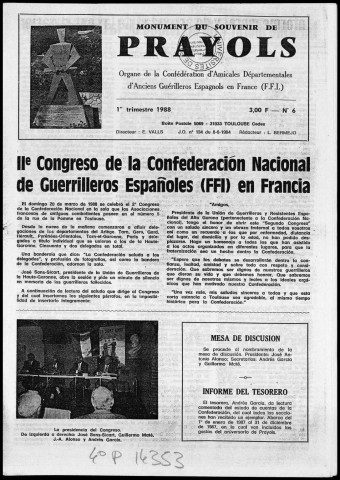 Monument du souvenir de Prayols (1988 : n° 6-8). Sous-Titre : organe de la Confédération d'Amicales Départementales d'Anciens Guerilleros Espagnols en France (F.F.I.)