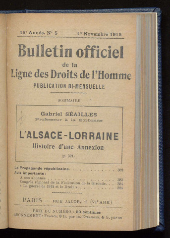 Novembre 1915 - Bulletin officiel de la Ligue des Droits de l'Homme
