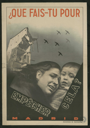 Affiche avec la photo d'une femme et un bébé devant des ruines, avec le message "Que fais-tu pour empêcher cela ?"