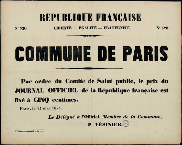 N°320. Le prix du journal officiel de la République française est fixé à cinq francs