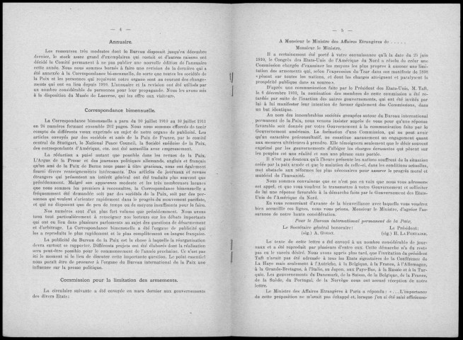 XXe rapport du Bureau international de la paix sur sa gestion et ses comptes du 1er juillet 1910 au 30 juin 1911