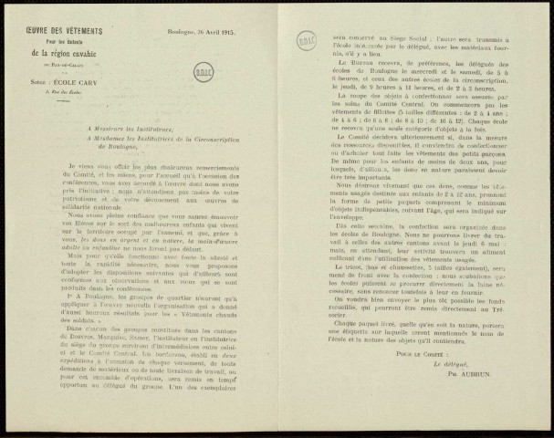 Boulogne sur Mer (62) : Documents concernant l'oeuvre des vêtements organisée à par le personnel enseignant 1915-1918
