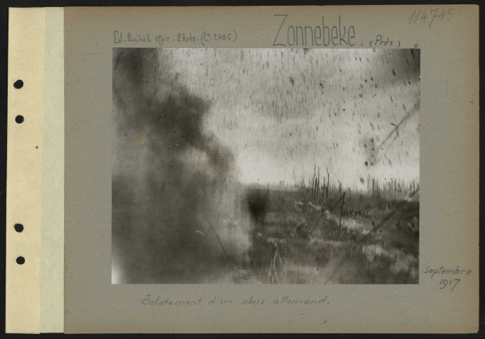 Zonnebeke (près). Éclatement d'un obus allemand