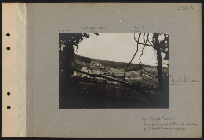 Vaux-lès-Palameix. Vue prise du Montetot. Tranchées françaises et allemandes délimitées par la branche d'arbre au coin du bois
