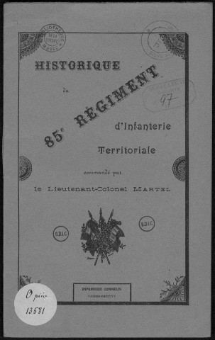 Historique du 85ème régiment territorial d'infanterie