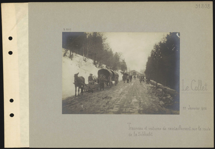 Le Collet. Traîneau et voitures de ravitaillement sur la route de la Schlucht