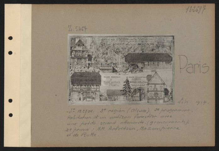 Paris. Musée des arts décoratifs. Exposition des projets d'architecture primés au concours pour la reconstruction des habitations rurales dans les départements envahis. Troisième région (Alsace). Deuxième programme. Habitation d'un artisan forestier avec une petite scierie attenante (9 concurrents). Deuxième prime : MM. Arfvidson, Bassompierre et de Rutte