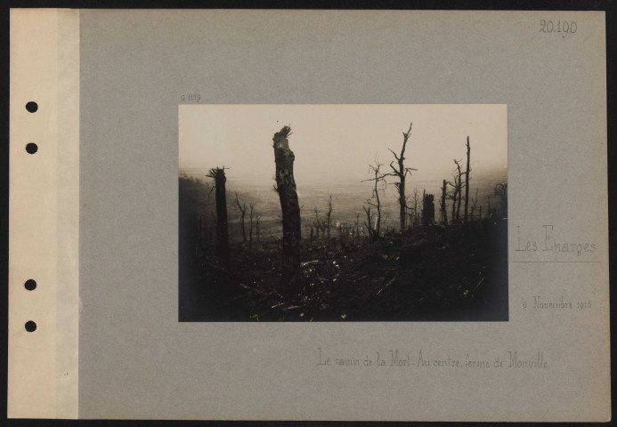 Les Éparges. Le Ravin de la Mort. Au centre, ferme de Monville