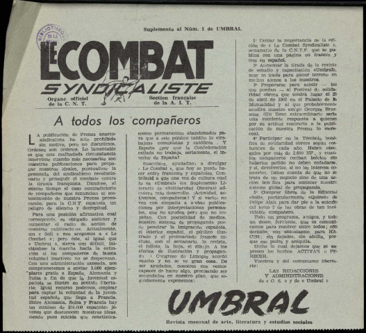 Umbral (1962 : n° 1-13). Sous-Titre : Revista mensual de arte, letras y estudios sociales. Autre titre : Suite de : Suplemento literario de Solidaridad obrera