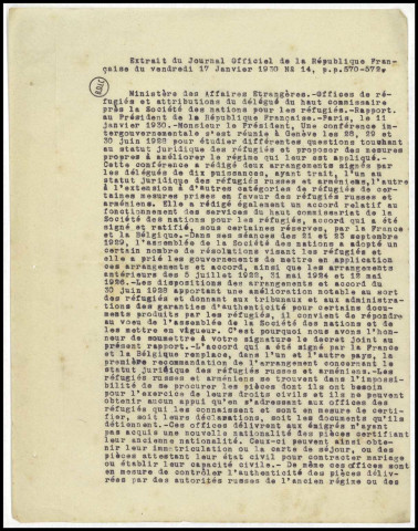 Documents juridiques concernant le statut des réfugiés en copies certifiées et non certifiées, Journal officiel n° 244 du 8/2/1935, tirés à part, coupures de presse