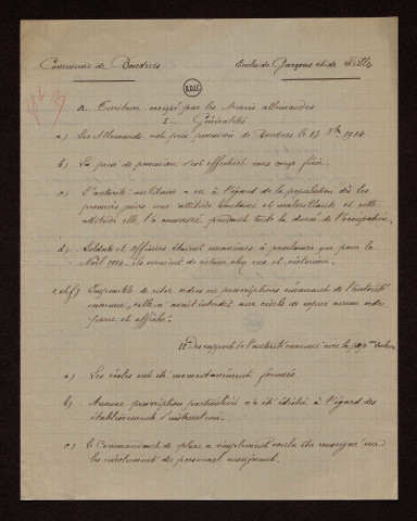 Bondues (59) : réponses au questionnaire sur le territoire occupé par les armées allemandes