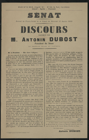 Sénat : extrait du procès-verbal de la séance du mercredi 15 janvier 1919. Discours prononcé par M. Antonin Dubost président du Sénat