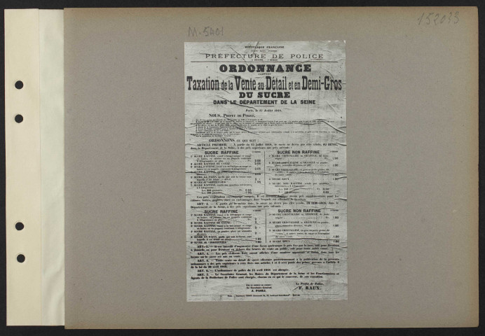 [Ordonnance portant taxation de la vente au détail et en demi-gros du sucre dans le département de la Seine] [13 juillet 1918]