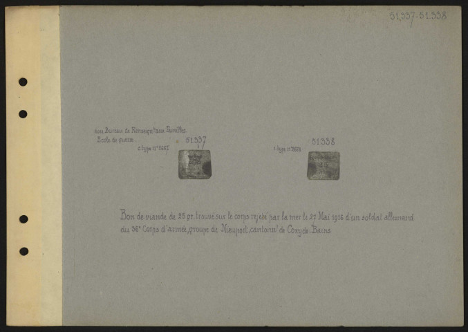 Bon de viande de 25 grammes trouvé sur le corps rejeté par la mer le 27 mai 1916 d'un soldat allemand du 36e corps d'armée, groupe de Nieuport, cantonnement de Coxyde-Bains