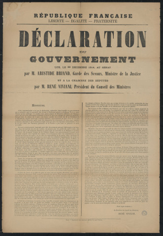 Déclaration du gouvernement lue, le 22 décembre 1914, au Sénat par M. Aristide Briand, garde des Sceaux, ministre de la Justice et à la Chambre des députés par M. Viviani, président du Conseil des ministres