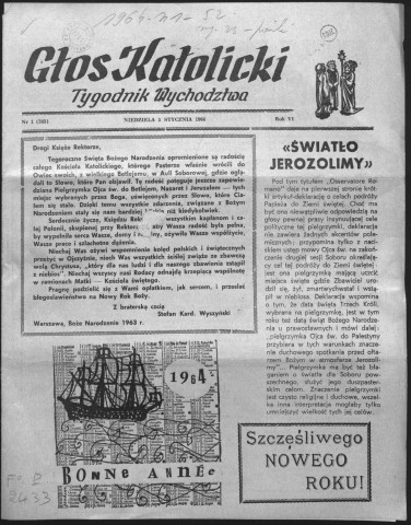 Glos katolicki (1964; n°1 - n°51)  Sous-Titre : Tygodnik wychodztwa  Autre titre : La voix catholique