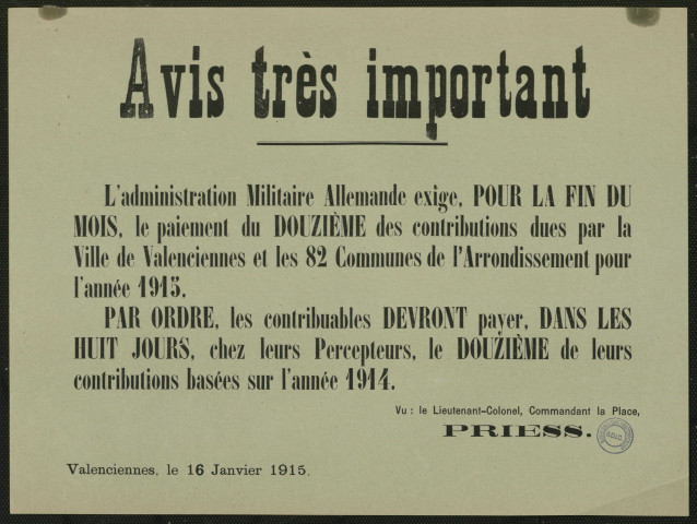 L'administration militaire allemande exige le paiement ... des contributions restant dues sur l'année 1915