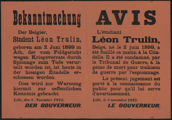 Der Belgier, Student Léon Trulin ... zum Tode verurteilt worden ist = L'étudiant Léon Trulin, Belge,... a été condamné... à la peine de mort