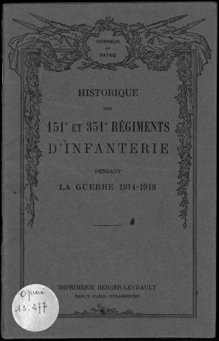 Historique du 151ème régiment d'infanterie et du 351ème régiment d'infanterie