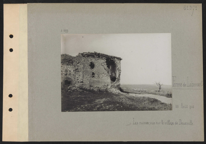 Ferme de Léomont. Les ruines ; vue sur le village de Deuxville