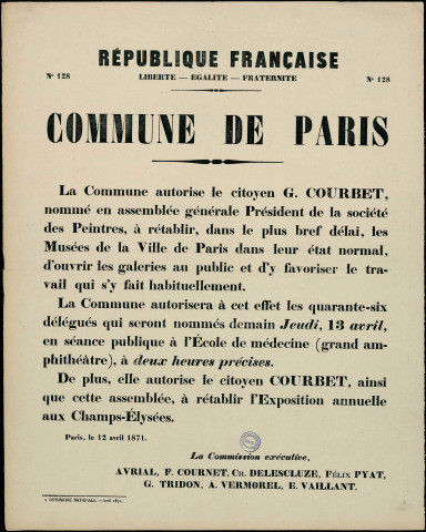 N°128. Autorise le citoyen G. Courbet à rétablir les Musées de la Ville de Paris